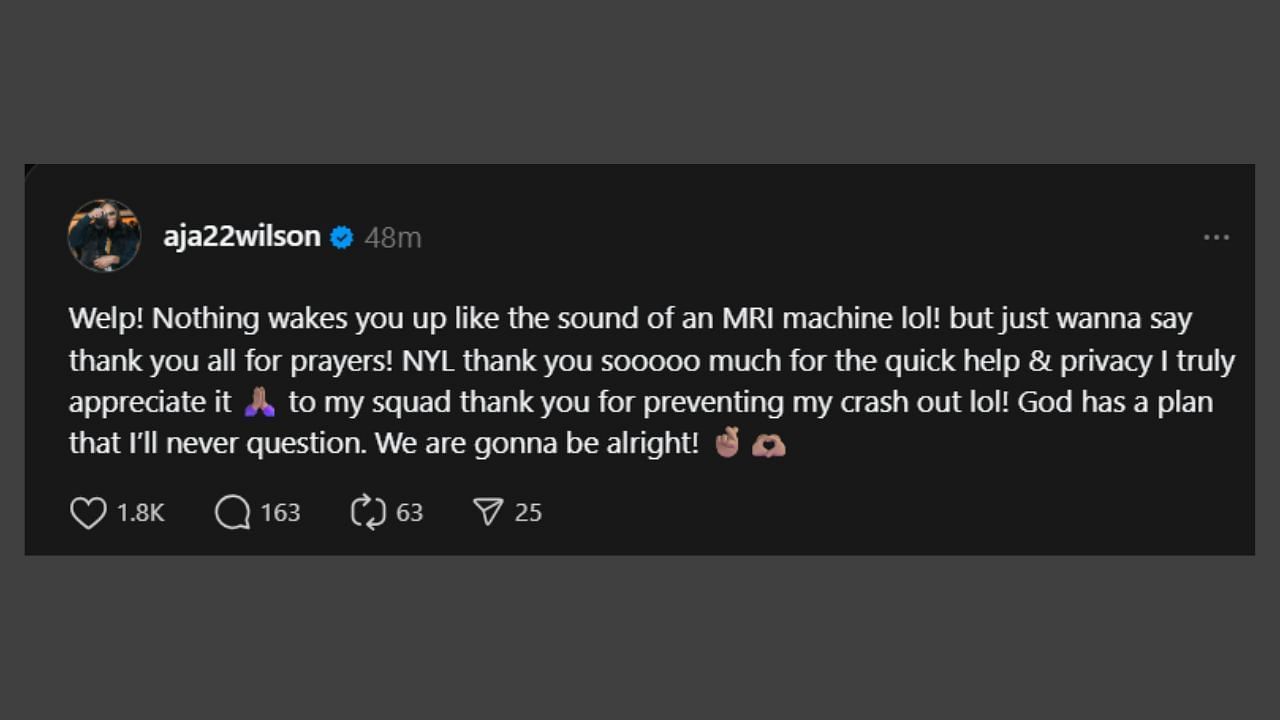 A'ja Wilson shares her first message since getting injured on Tuesday against the Liberty. (Credits: @ajawilson22/threads)